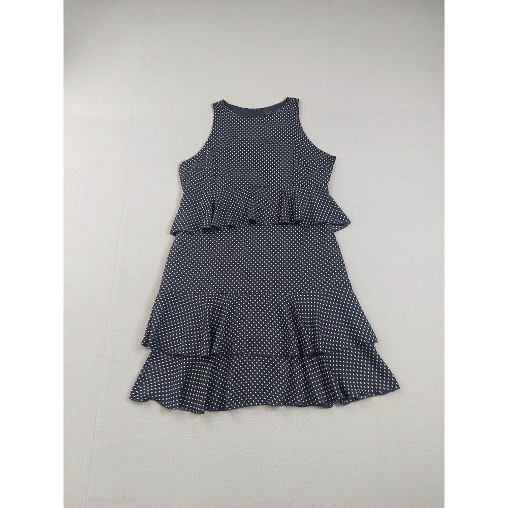 Ann Taylor Dress Womens 12 Navy Polka Dot Tiered Ruffle‎ Shift Work Office Day